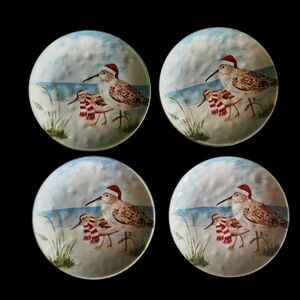 (4) Pier 1 Imports Sandpipers On Beach Christmas Plates Hand Painted Birds 8.5"